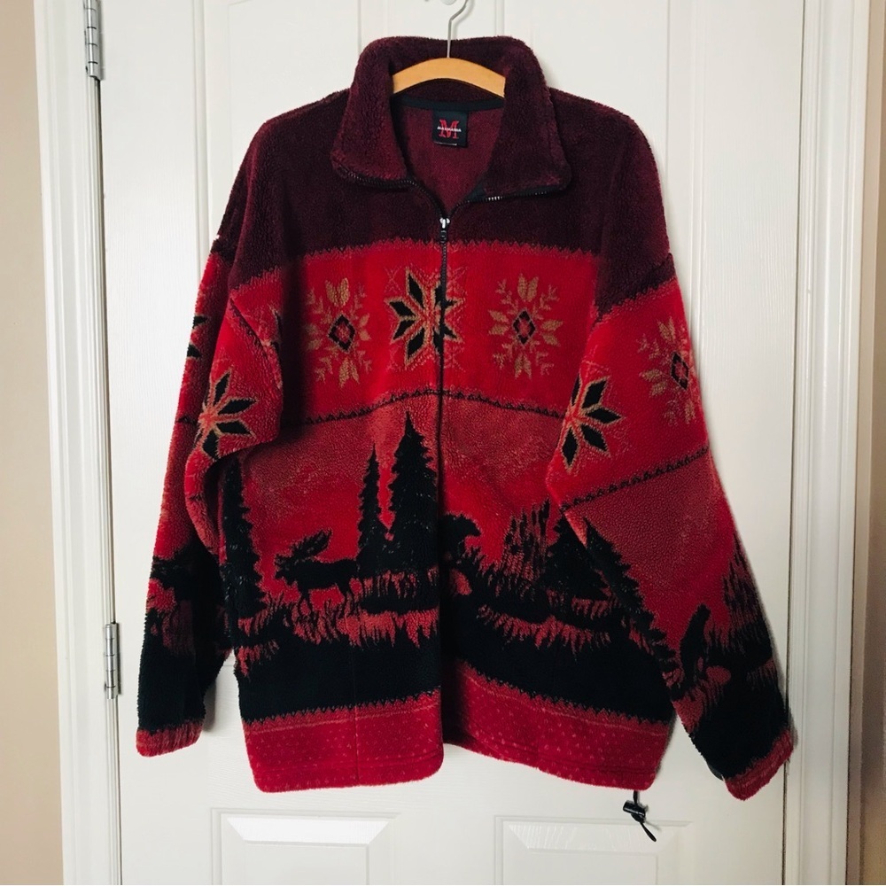 Mazmania Vintage Fleece Jacket Forest & Snowflakes Print Size XL